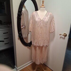 Vintage Jewel Queen Silk Pink & Silver Beaded Sequins Top & Skirt Set sz 2X